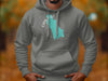 Grey hoodie with turquoise map outline of Cain Lake, Washington graphic.