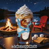 Glass with dark drink and whipped cream, featuring map of Oklahoma and lake scene.