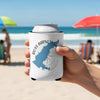 White koozie with blue Ross Barnett Lake Mississippi map on beach background.