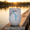 White insulated wine tumbler featuring a blue map of Lake Lyman, South Carolina, over a compass rose.