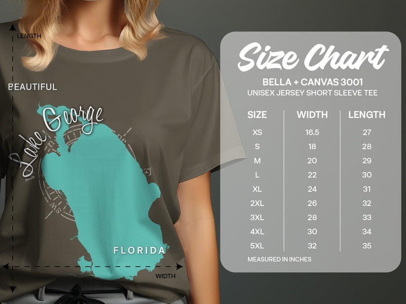 T-shirt size chart showing measurements for unisex Bella + Canvas 3001 tees.