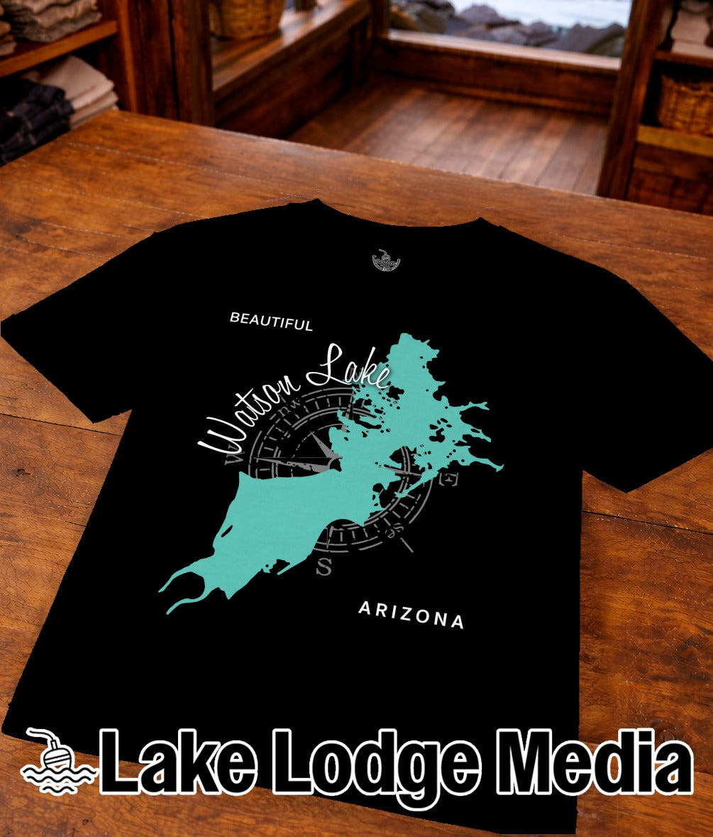 Black t-shirt with turquoise compass rose and "Watson Lake Arizona" map design.