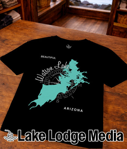 Black t-shirt with turquoise compass rose and "Watson Lake Arizona" map design.