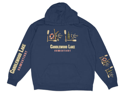 Navy hoodie with "Candlewood Lake Connecticut" text and graphic elements.