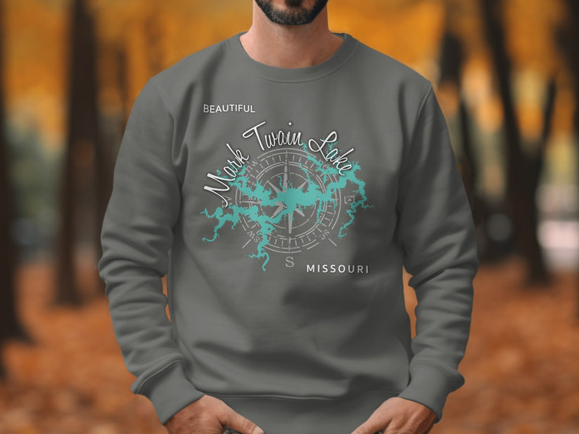Crewneck sweatshirt with compass rose and "Mark Twain Lake Missouri" text.