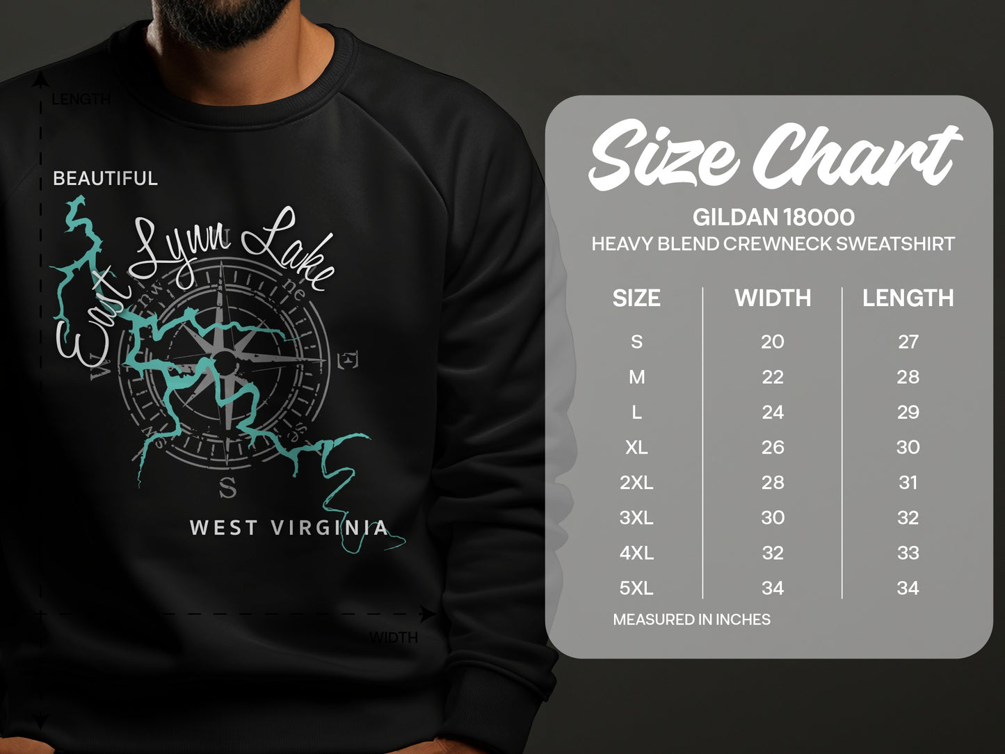 Crewneck sweatshirt size chart for Gildan 18000 heavy blend, showing sizes S-5XL.