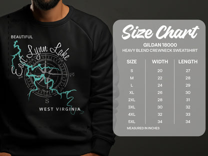 Crewneck sweatshirt size chart for Gildan 18000 heavy blend, showing sizes S-5XL.