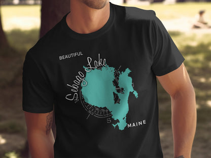 Black t-shirt with Sebago Lake, Maine map graphic.