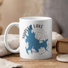 White mug with blue Shaver Lake California map and compass graphic.