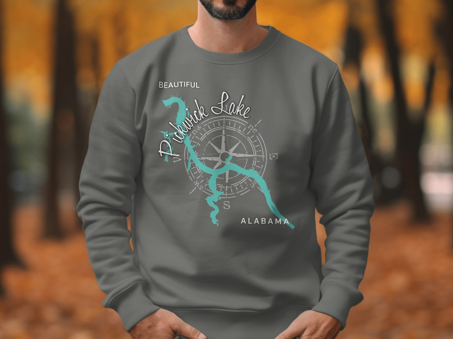Grey sweatshirt with a nautical map design of Pickwick Lake, Alabama.