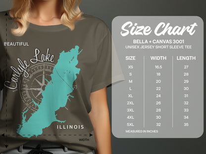 Size chart for unisex Bella + Canvas 3001 t-shirts with Carlyle Lake graphic.