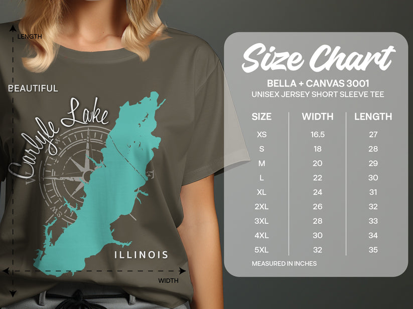 Size chart for unisex Bella + Canvas 3001 t-shirts with Carlyle Lake graphic.