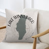 Cushion with map of Lake Winnebago, Missouri, and compass rose design.