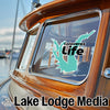 Calaveras Life sticker on a boat window with Lake Lodge Media text below.