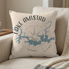 Pillow with Lake Amistad Texas map design and compass graphic.