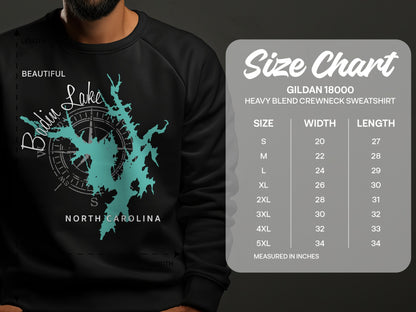 Bodie Lake North Carolina graphic on Gildan 18000 sweatshirt size chart.