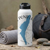 White water bottle with blue map outline, compass, and "NEW H" text.