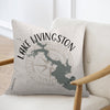 Pillow with Lake Livingston Texas map and compass graphic.