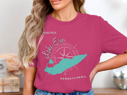 Pink t-shirt with "Beautiful Lake Erie Pennsylvania" and compass rose.