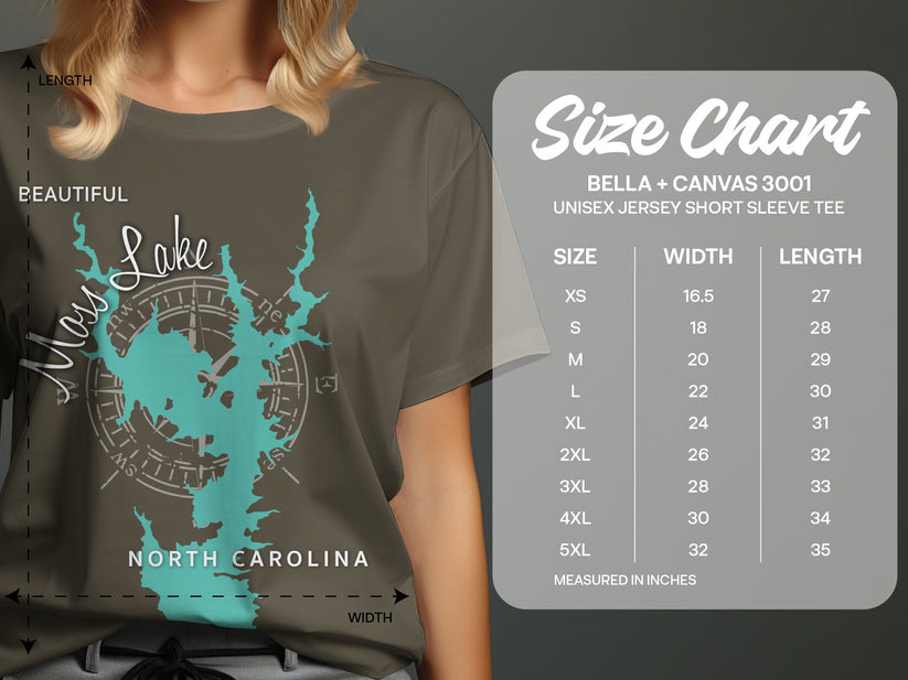 T-shirt size chart for Bella + Canvas 3001 unisex tee.
