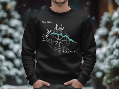 Black sweatshirt with "Beautiful Wheeler Lake Alabama" and compass graphic.