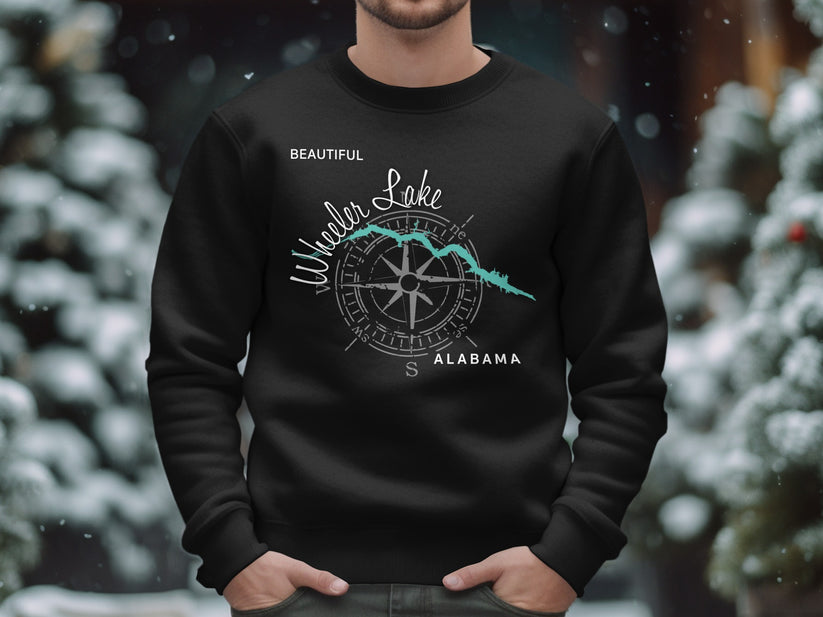 Black sweatshirt with "Beautiful Wheeler Lake Alabama" and compass graphic.