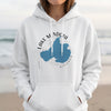 White hoodie with a blue outline map of Lake Mendota, Wisconsin andcompass graphic.