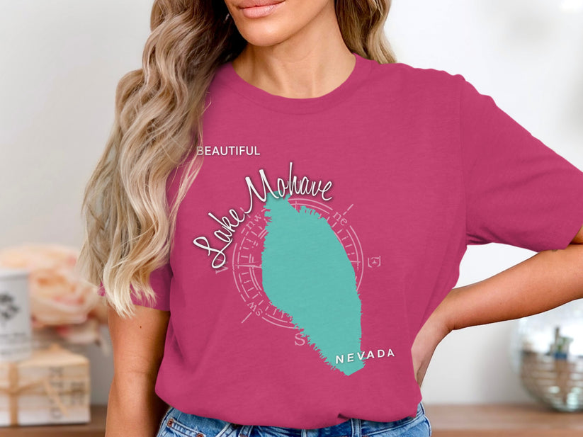 Pink t-shirt featuring a teal map of Lake Mojave, Nevada.