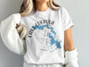 White t-shirt with blue Lake Eufaula map and compass design, Oklahoma text.