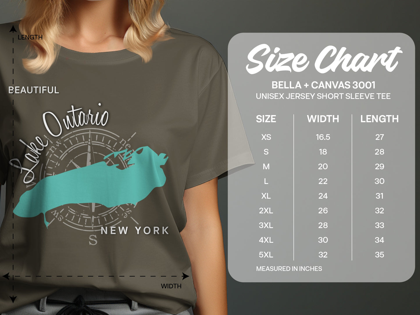 Size chart for Bella + Canvas 3001 unisex t-shirts, showing sizes, width, and length.