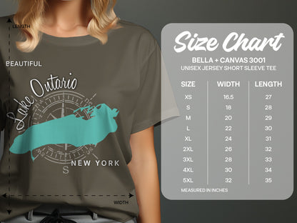 Size chart for Bella + Canvas 3001 unisex t-shirts, showing sizes, width, and length.