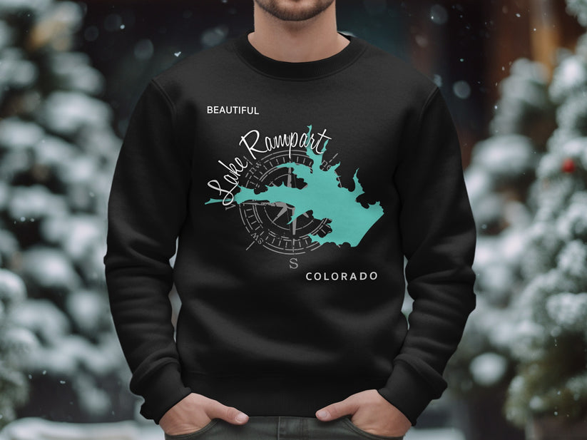 Black sweatshirt with a teal graphic of Lake Rampart, Colorado, and a compass rose.