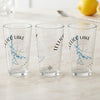Three clear glasses with blue Tellico Lake map and compass design.