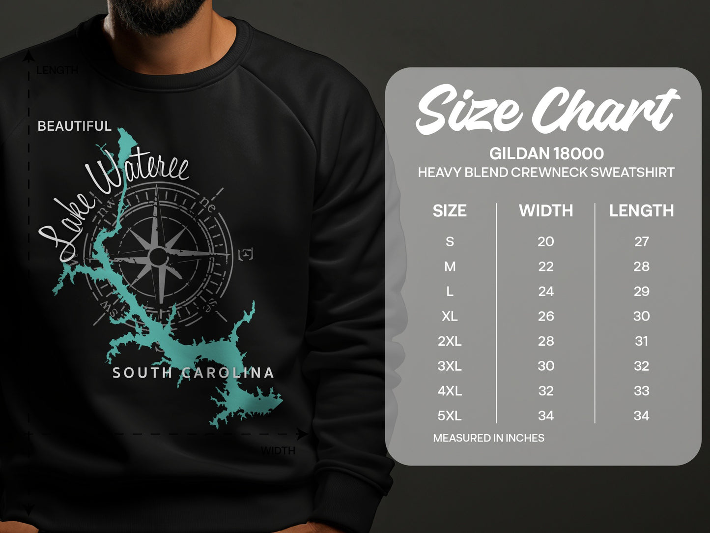 Crewneck sweatshirt with Lake Wateree, South Carolina graphic and size chart.