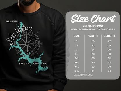 Crewneck sweatshirt with Lake Wateree, South Carolina graphic and size chart.
