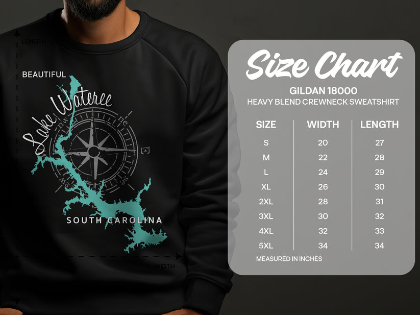Crewneck sweatshirt with Lake Wateree, South Carolina graphic and size chart.