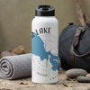 White water bottle with a blue lake map and compass design, "LAKE" text.