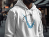 White hoodie with Castaic Lake California map and compass graphic.