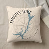 Trinity Lake California map design on a textured cream pillow with compass rose.