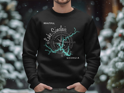 Black sweatshirt featuring a compass rose map of Lake Sinclair, Georgia.