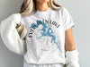 White t-shirt with blue Evergreen Lake map and compass graphic.