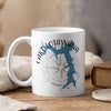 White mug with Lake Lotawana, Missouri map and compass design.