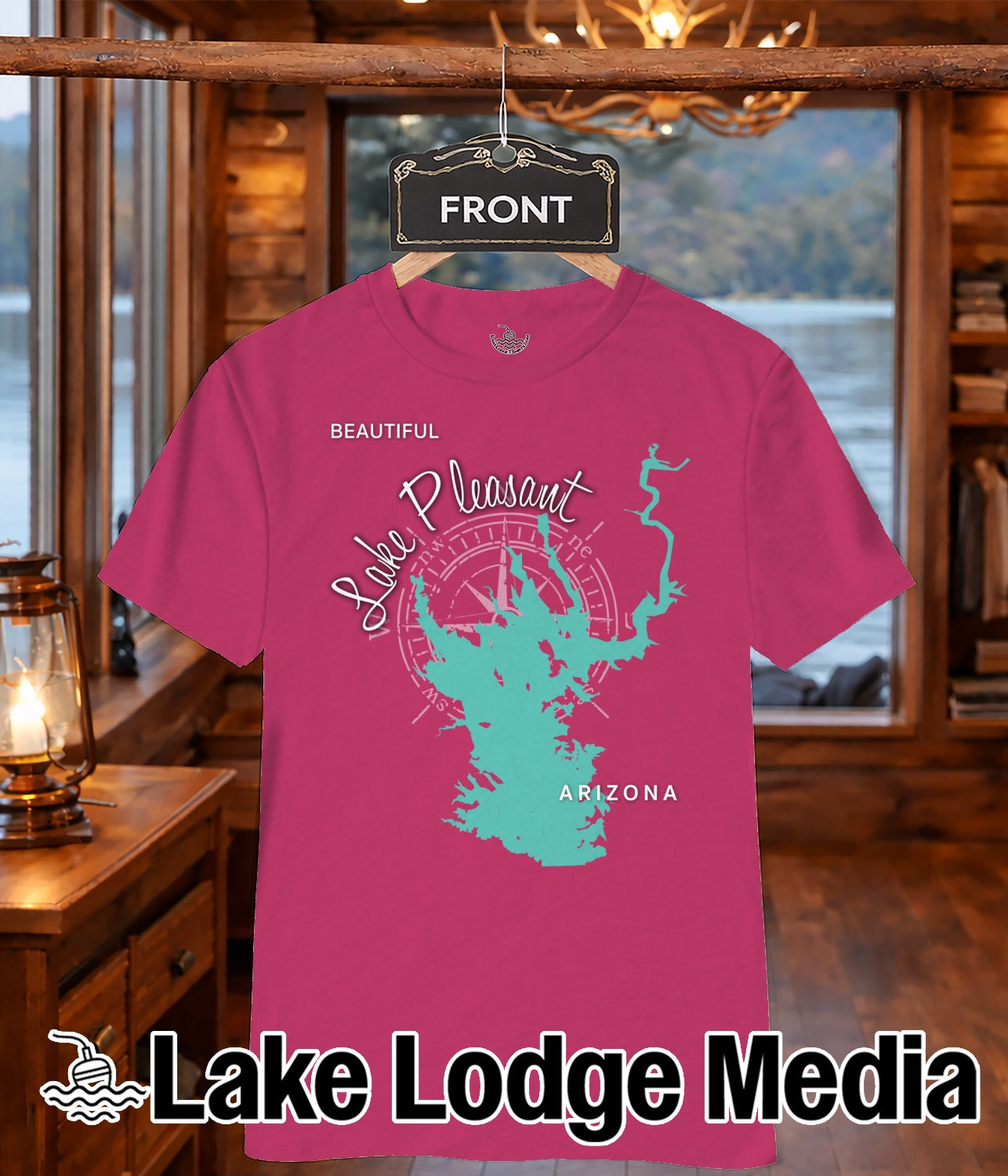 Fuchsia t-shirt with "Lake Pleasant Arizona" map and compass graphic.