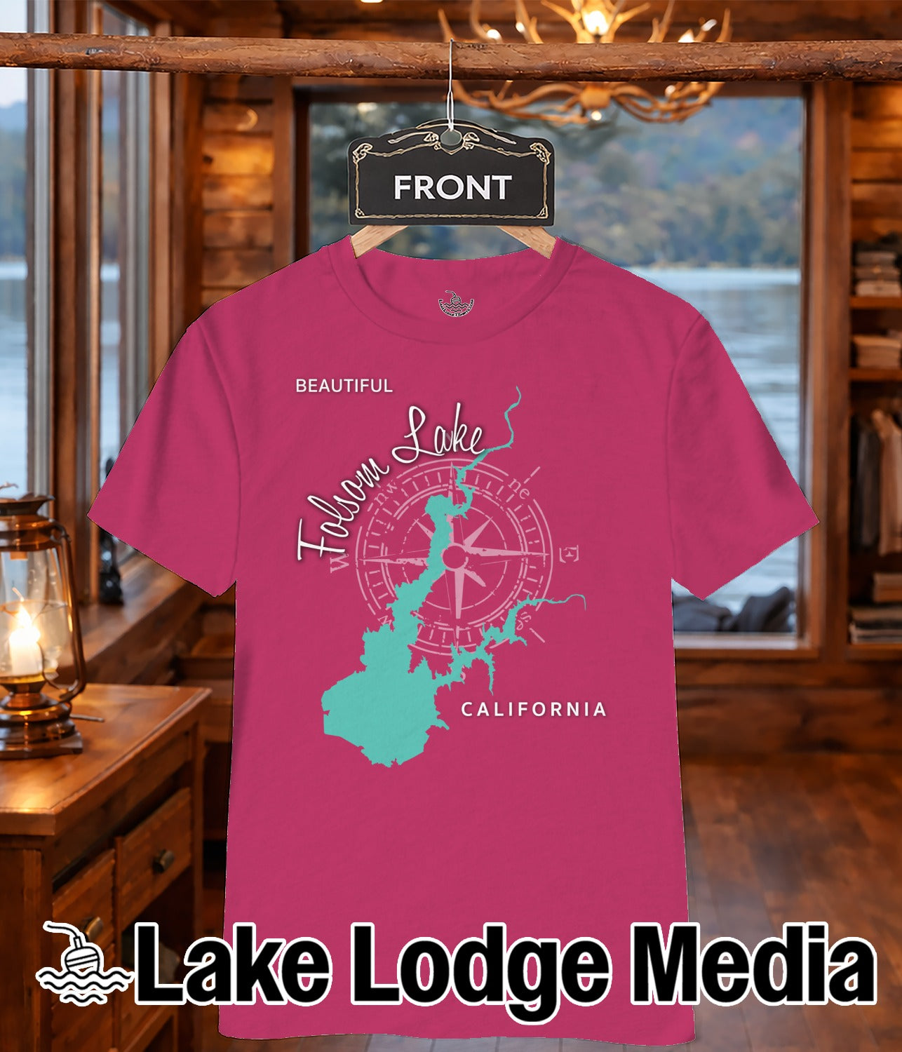 Crimson t-shirt with Folsom Lake map and compass graphic.