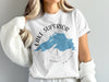 White t-shirt with blue Lake Superior map and compass design.