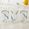 Three clear glasses featuring a compass rose and blue outline of Saylorville Lake.
