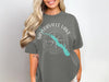 Gray t-shirt graphic features Saylorville Lake Iowa with compass and map outline.