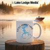 White mug with "Little Grassy Lake Illinois" and a compass map on a waterfront background.