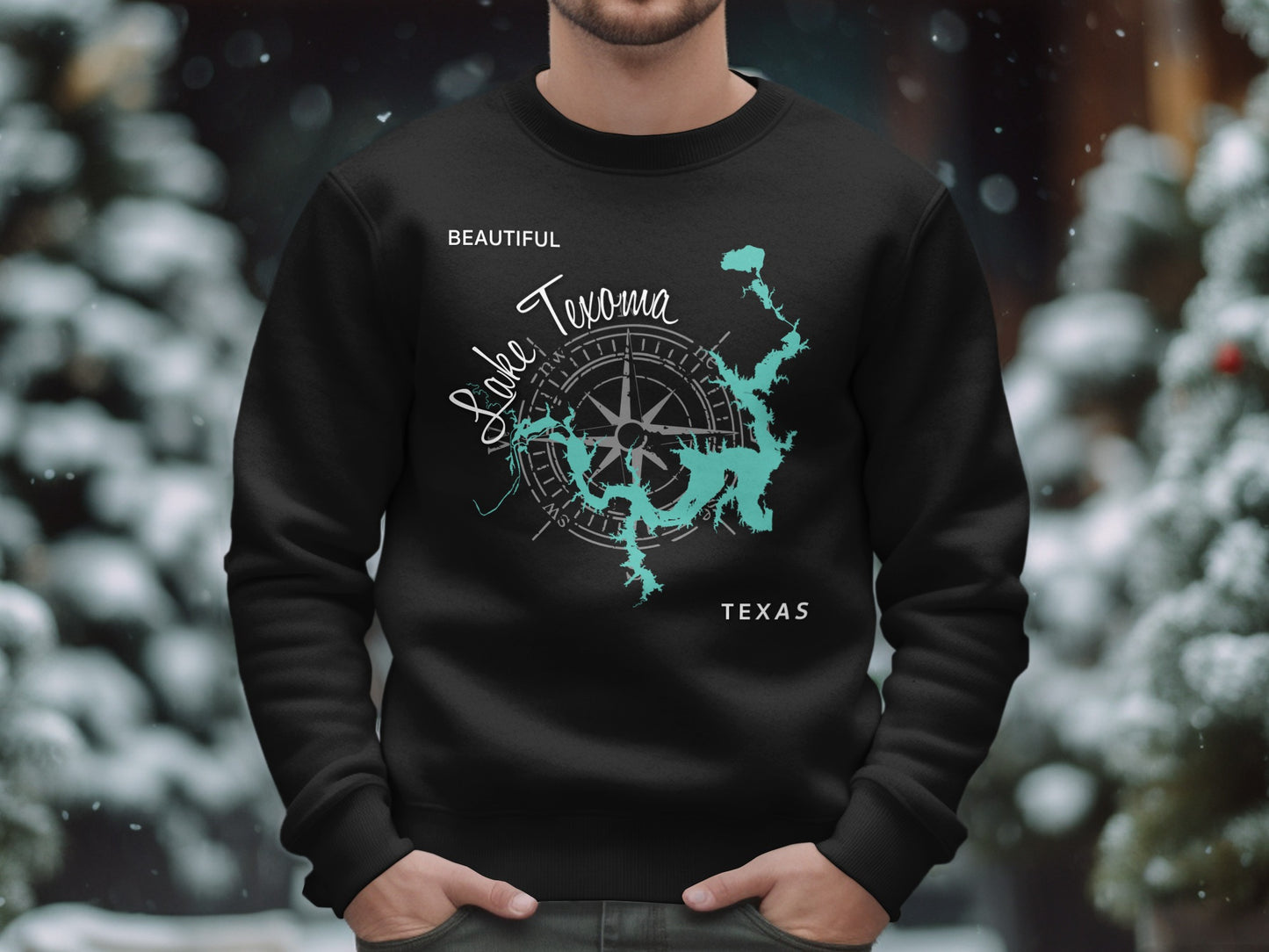 Black sweatshirt with a teal map of Lake Texoma and compass rose.