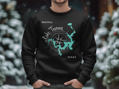 Black sweatshirt with a teal map of Lake Texoma and compass rose.